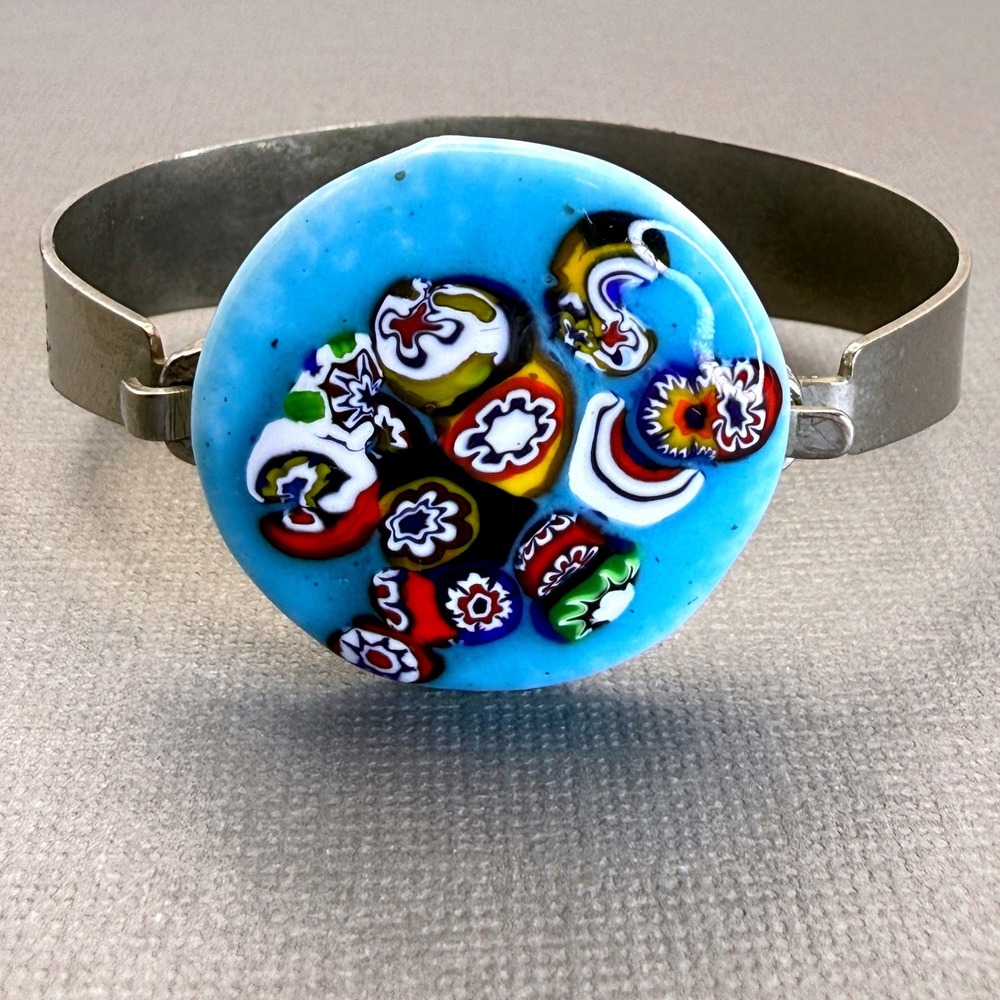 Vintage Millefiori Murano Glass Silver Tone‎ Cuff Bracelet Blue Floral Statement